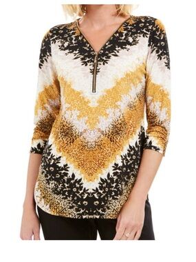 JM Collection Sz XL Stretchy Zip 3/4 Sleeve Blouse Shirt Top Business Gold